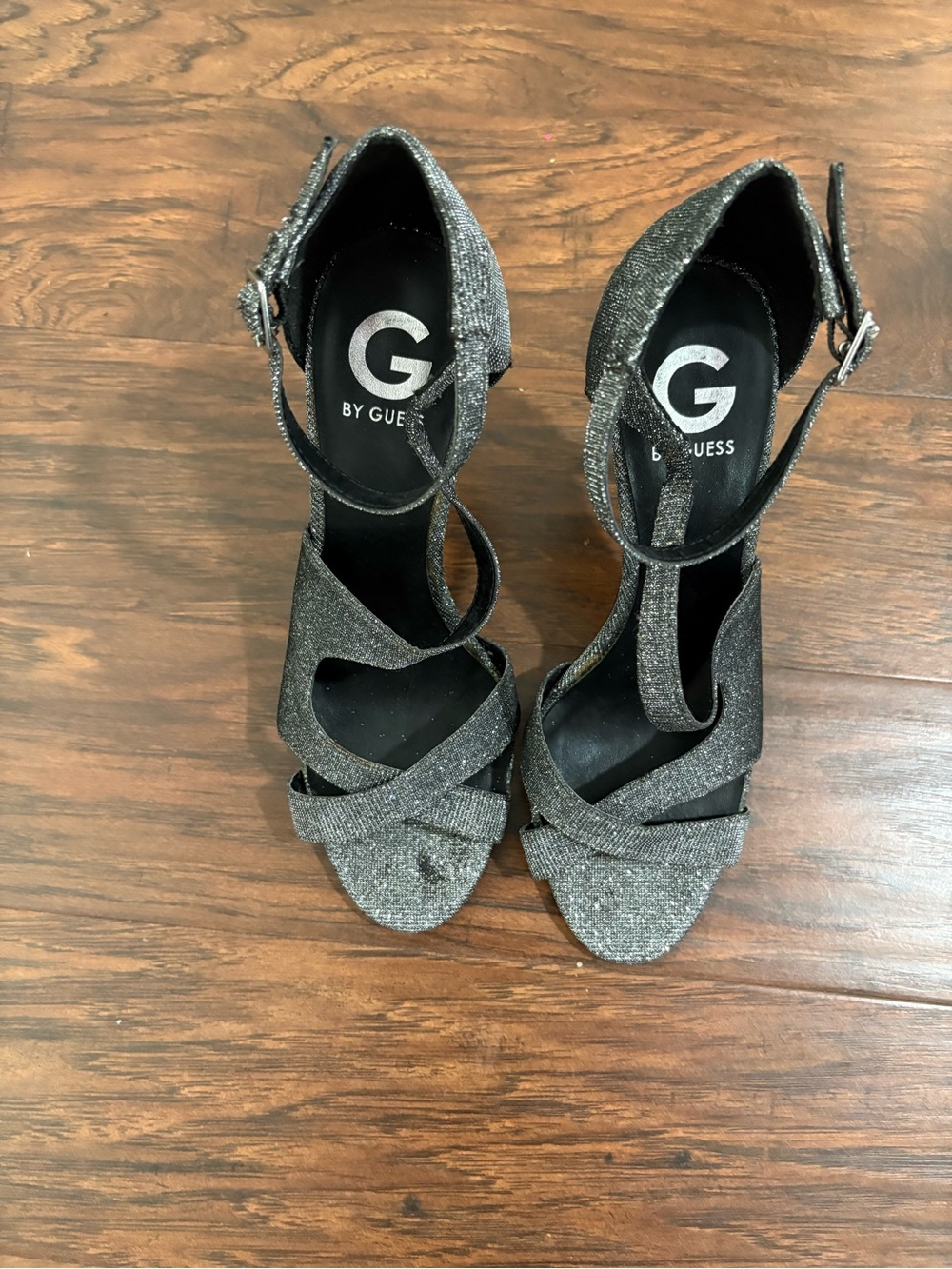 G by Guess Metallic Silver Glitter Strappy Heels Gunmetal Sandals Size 9 1/2M